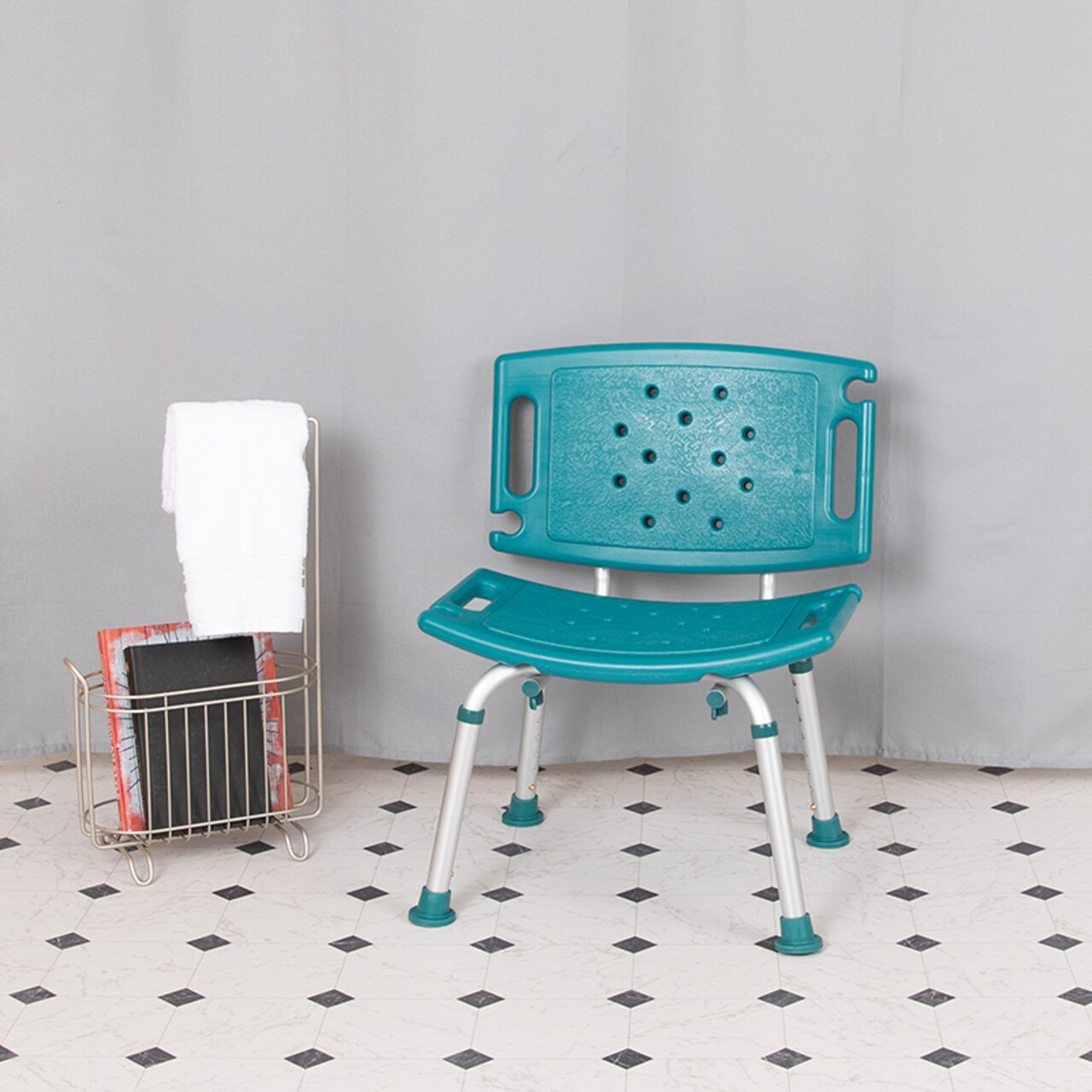 Flash Furniture HERCULES Series Tool-Free and Quick Assembly, 300 Lb. Capacity, Adjustable Teal Bath and Shower Chair with Extra Large Back DC-HY3501L-TL-GG